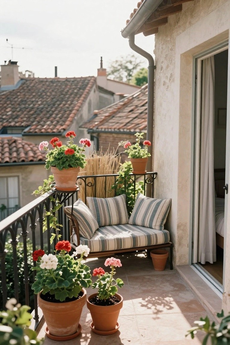 Sunny balcony with striped cushioned bench, terracotta pots of red and white geraniums, wrought iron railing with ivy, and view of tiled rooftops and stone buildings.