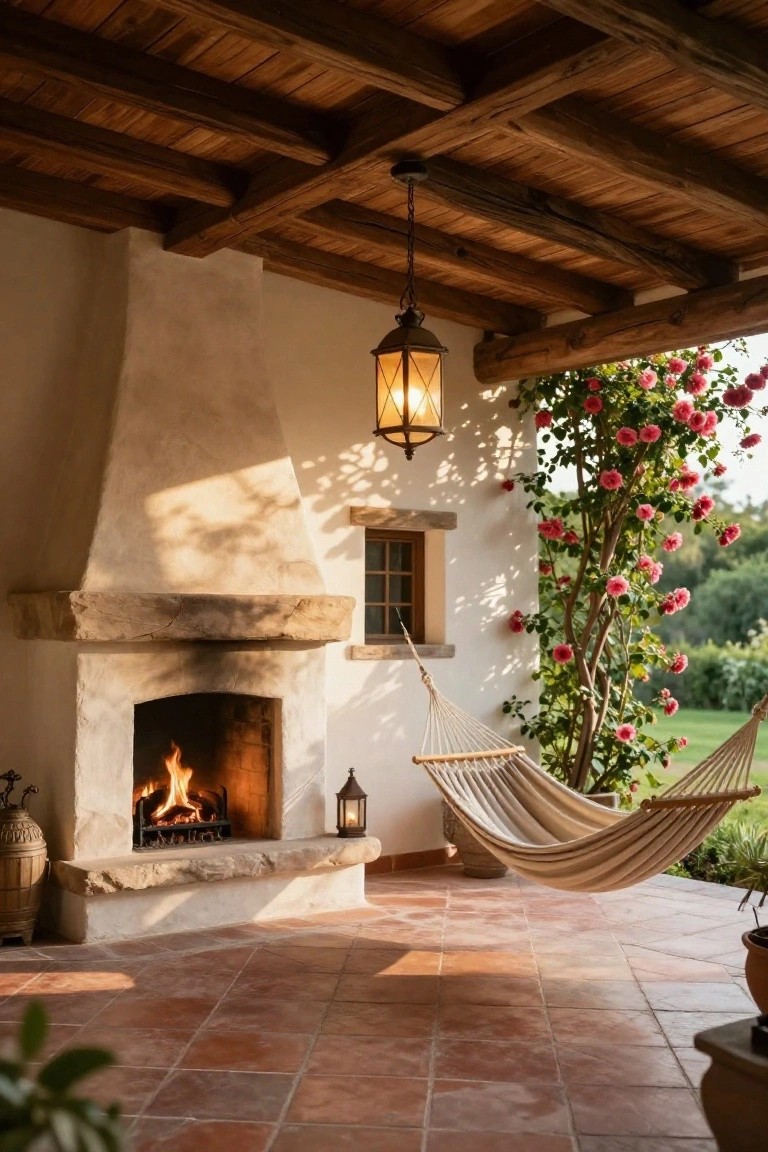 Covered outdoor patio with rustic stone fireplace burning wood, hanging white hammock, wooden beam ceiling, climbing pink roses on stucco wall, lanterns, and terracotta tile floor.