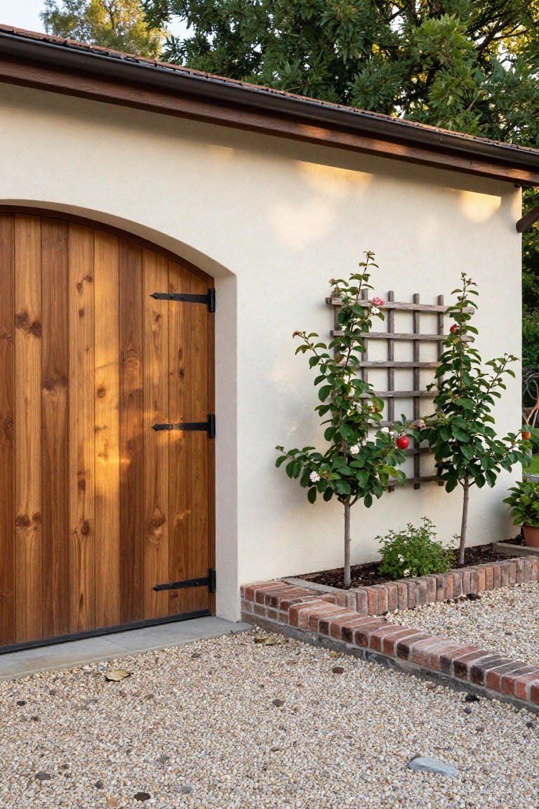 Beige stucco garage wall with tall arched brown wooden door featuring black strap hinges, adjacent wooden trellis supporting two fruit trees with pink flowers and red apples, brick garden edging, and white gravel ground.