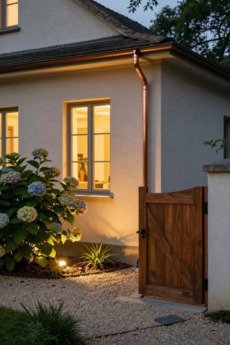 Beige stucco house exterior corner at dusk with lit windows, copper downspout, blue hydrangea bushes, wooden slatted garden gate, gravel pathway, and ground lighting.