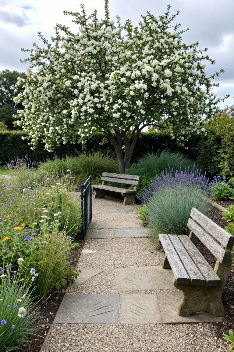 Gravel garden path with stone pavers winding past two rustic wooden benches amid layered flower beds, ornamental grasses, lavender, and a blooming white tree backed by hedges.