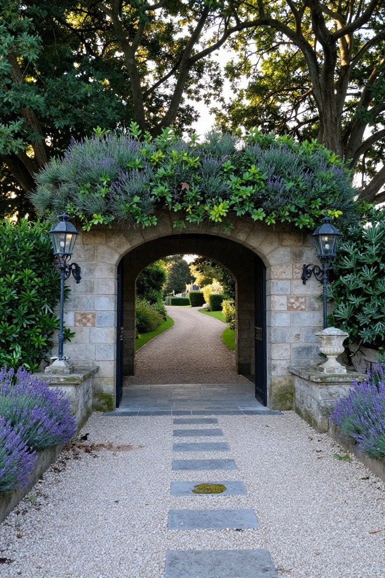 Stone arched gateway with black iron lanterns and gate, flanked by lavender plants and greenery, leading to a gravel driveway lined with hedges and trees.