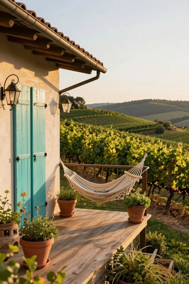 Wooden terrace with a white hammock hanging from railings next to a beige stucco house featuring blue shutters and several terracotta pots of plants, overlooking green vineyard hills in soft evening light.