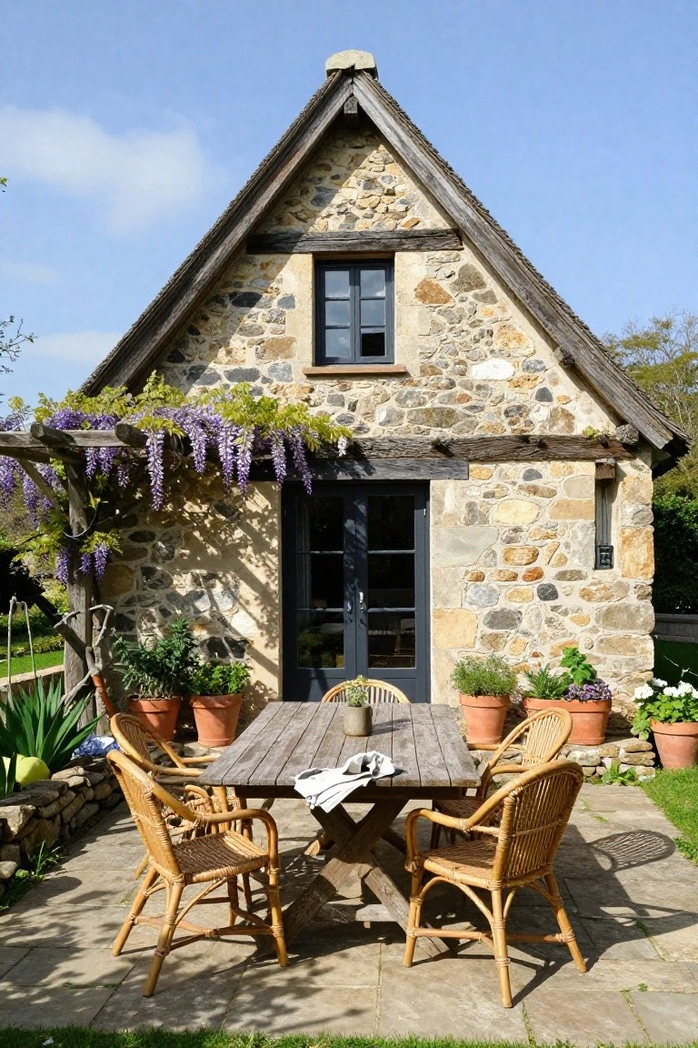 Stone cottage with wooden table, wicker chairs, and purple wisteria.