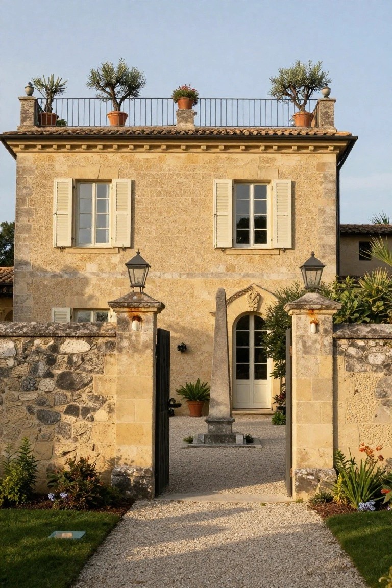 Beige stone two-story house exterior featuring an arched white doorway entrance flanked by stone pillars with lanterns, enclosed by stone walls, with olive trees on the roof, potted plants, and a gravel path leading in.