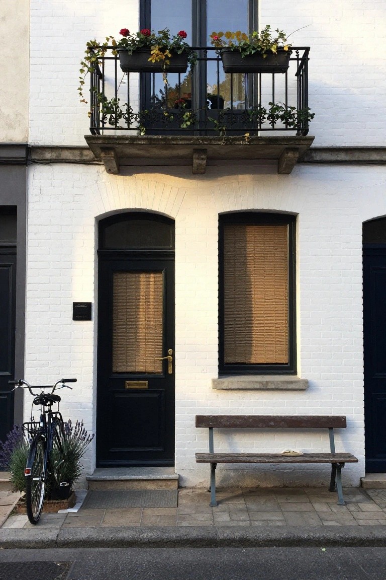 White brick townhouse exterior featuring an arched black front door with bamboo blinds and brass handle, black-framed upper window and balcony with wrought-iron railing and planters, bicycle with basket, potted lavender plants, and wooden bench on the sidewalk.