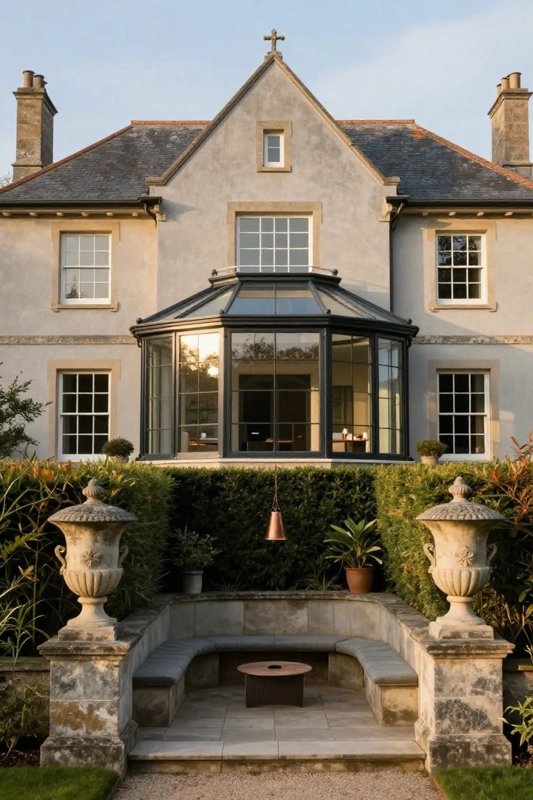 Stone house facade with slate roof, tall chimneys, cross finial, central octagonal glass extension, flanked by boxwood hedges, stone urns, and a sunken stone bench with round table in front.