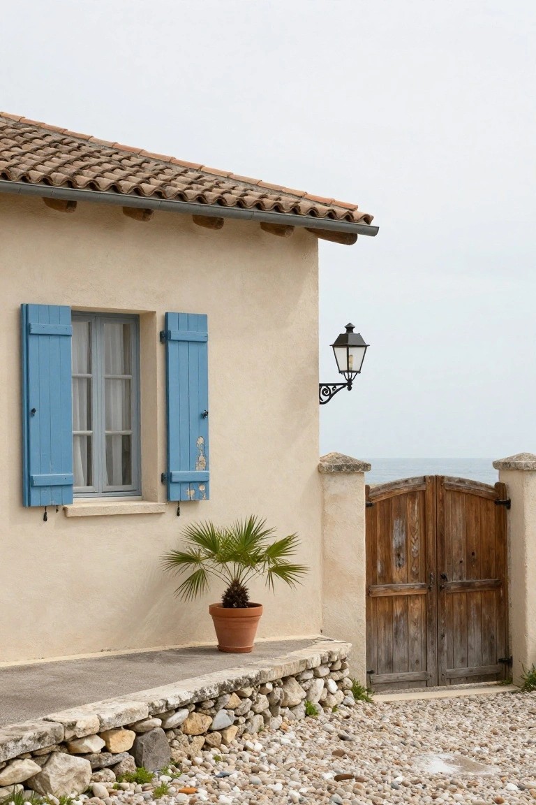 Beige stucco house exterior corner with blue wooden shutters on a window, wall-mounted black lantern light, terracotta roof edge, potted palm in terracotta pot, arched wooden gate in stone pillars, low stone wall with gravel path and distant sea view.