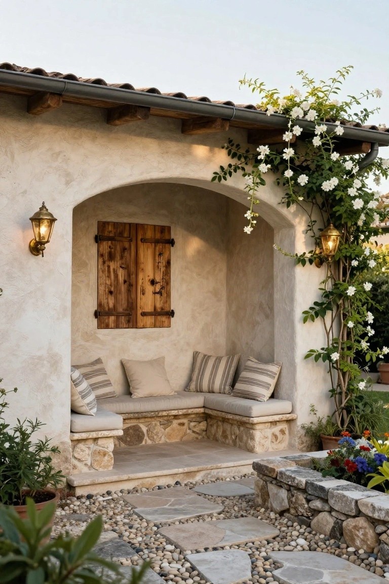 Arched outdoor alcove in beige stucco wall with wooden shutters, built-in cushioned bench on stone base, climbing white flowers, brass lanterns, pebble stone path, and potted plants.