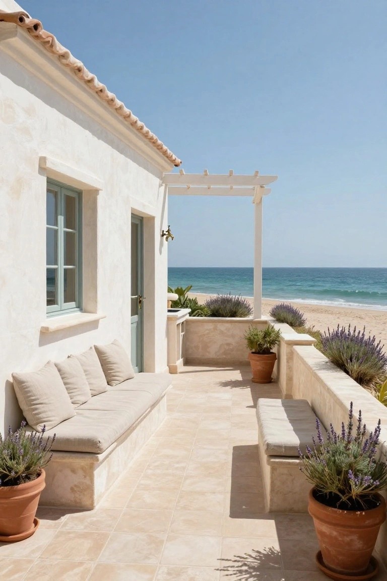 White stucco exterior wall of a house with a built-in beige bench on a tiled terrace, surrounded by terracotta pots of lavender plants, under a white pergola, overlooking a beach and ocean.