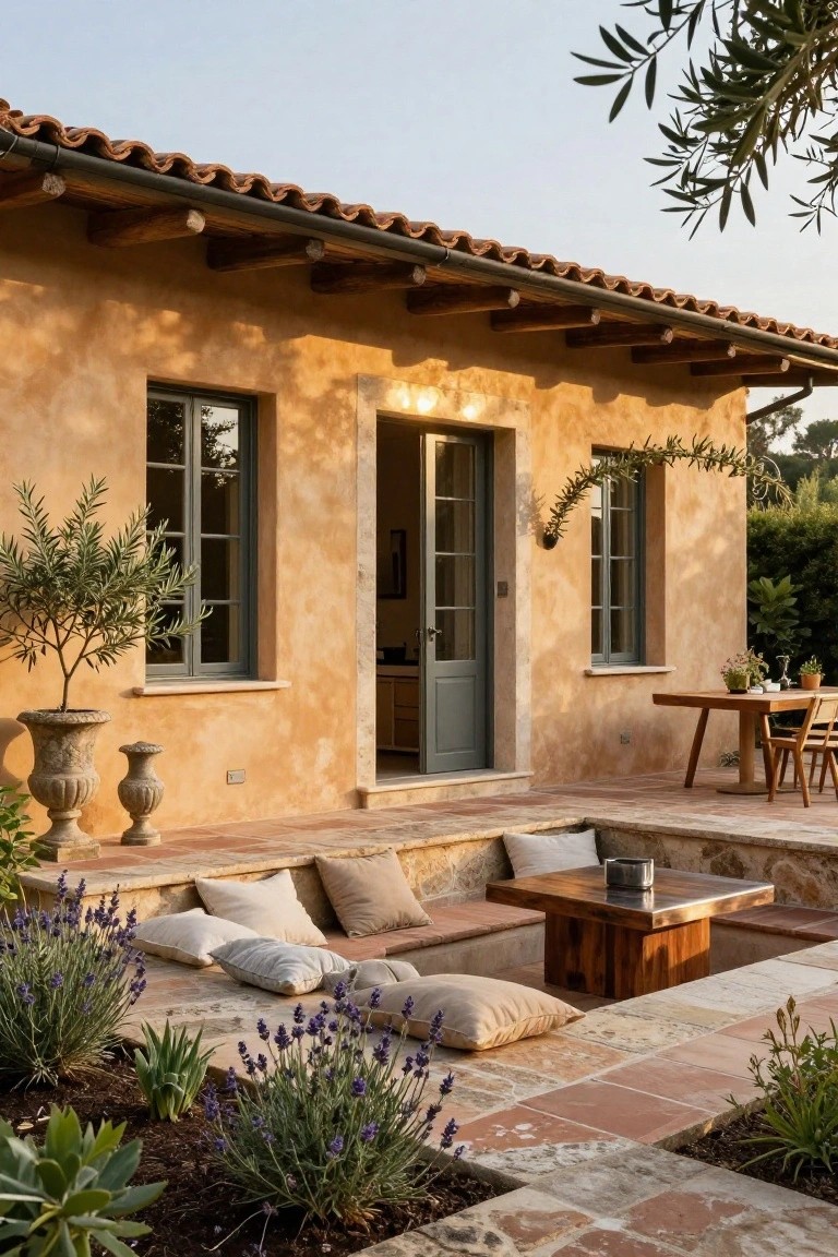 Ochre stucco house exterior with open French doors, flanked by olive trees in urns, overlooking a terraced stone patio with built-in cushioned benches around a low wooden table and lavender plantings.