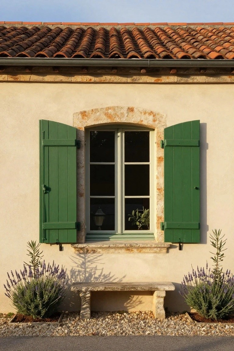 Beige stucco house wall with stone-arched double window, open green wooden shutters, small plants on windowsill, flanked by lavender bushes and stone bench on gravel base.