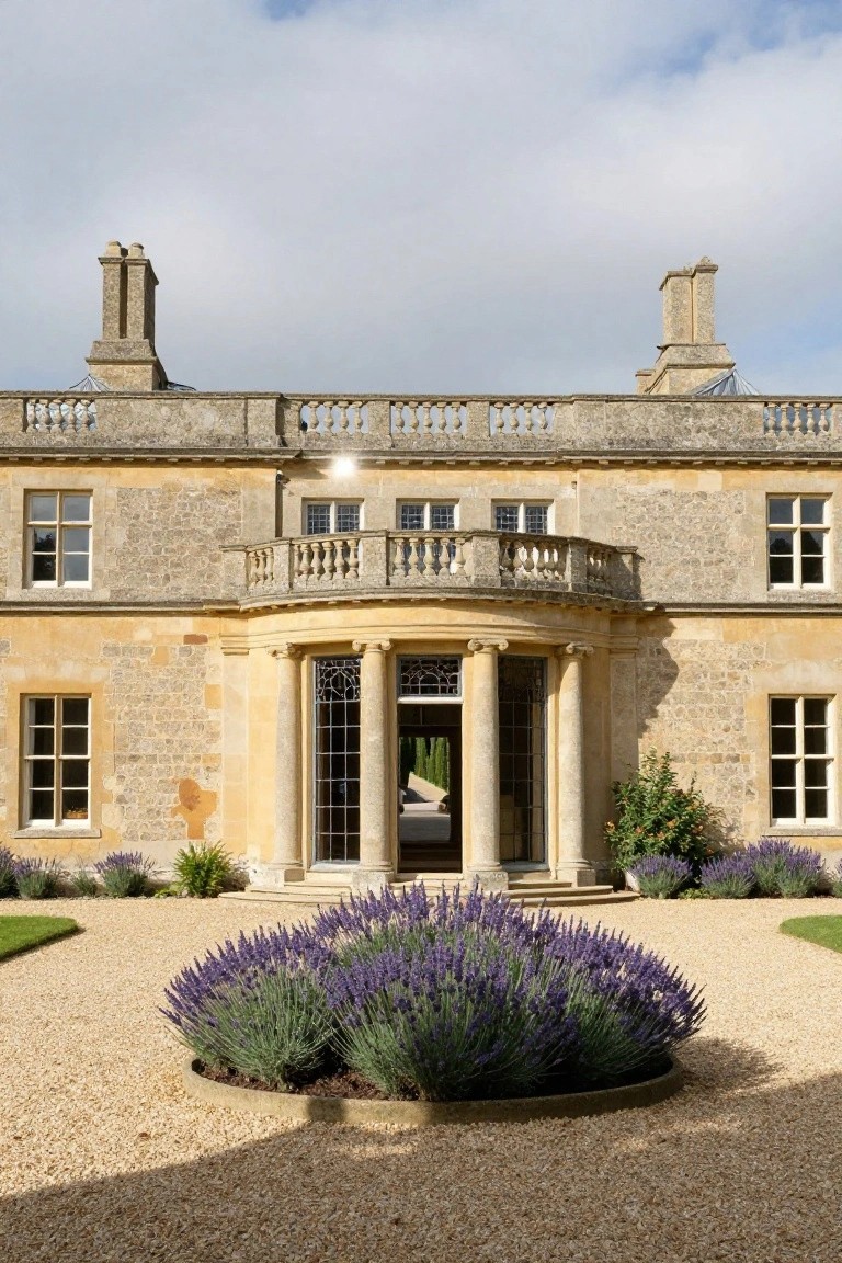 Beige stone house facade with symmetrical windows, central curved portico entrance supported by columns, upper balcony, flanked by lavender shrubs in a circular gravel bed, and gravel driveway under partly cloudy sky.
