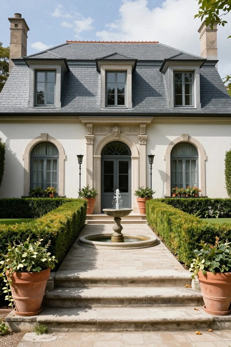 White stucco French villa with dark slate mansard roof and dormer windows, central arched entry door flanked by arched windows, stone fountain on a circular base in front, symmetrical boxwood hedges, terracotta pots with plants, and stone steps leading to the door.