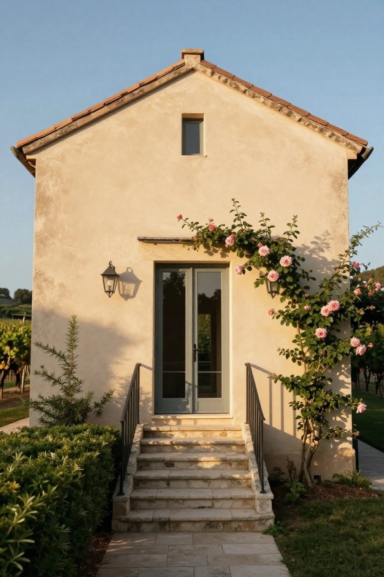 Beige stucco house with terracotta roof, central double glass entry doors up stone steps with metal railing, pink climbing roses on the right wall, wall lanterns, evergreen shrubs, and distant vineyards under a blue sky.