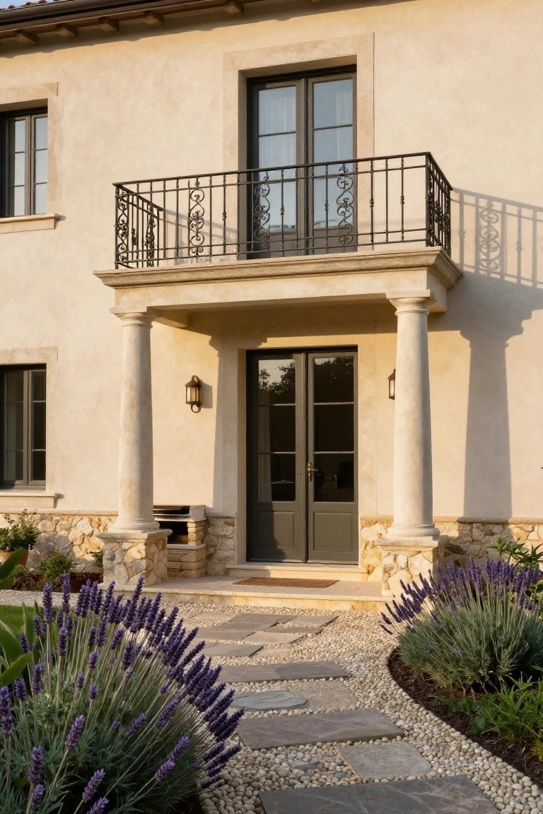 Beige stucco two-story house exterior with classical columns supporting a portico over dark double doors, a wrought-iron balcony above, and lavender plants along a stone pathway.