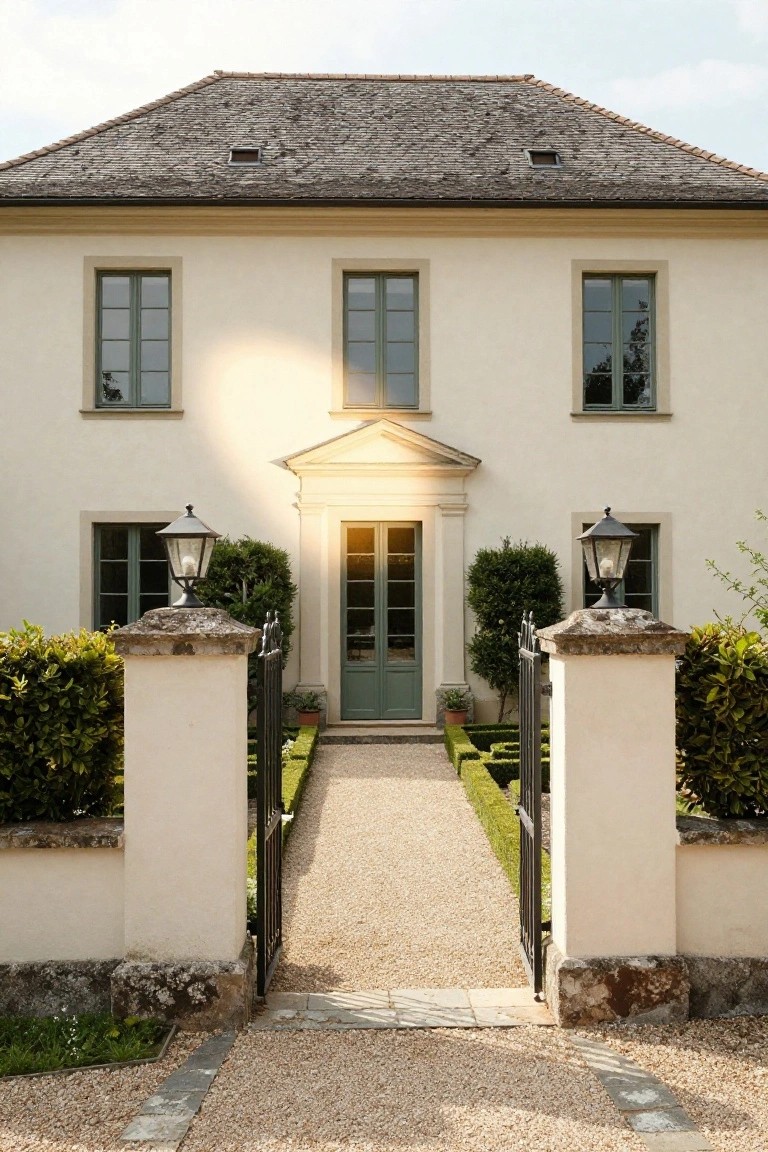 Beige stucco two-story French villa exterior with slate roof, green shutters on three windows per floor, central pedimented entry with double green doors, wrought iron gate between piers topped with lanterns, boxwood topiaries, gravel path, and low hedges.
