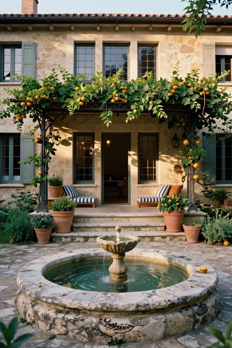Stone house exterior in French villa style with kumquat vines and oranges climbing over a wrought iron pergola above the front door, flanked by potted plants and chairs on steps leading to a central stone fountain in a paved courtyard.