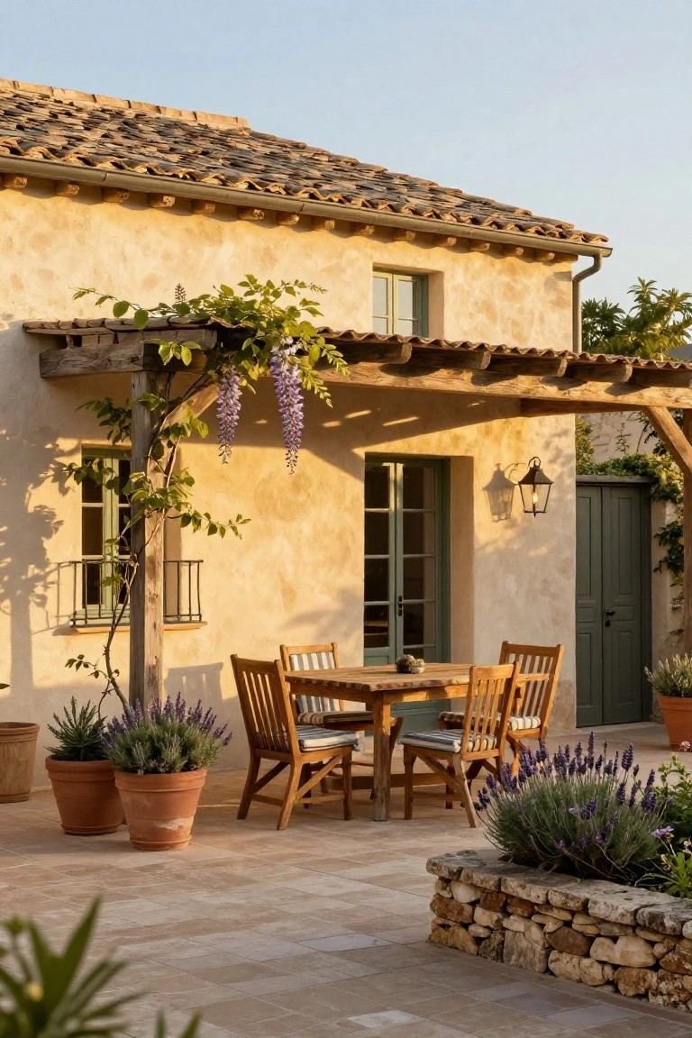 Ochre stucco exterior wall of a French villa with wooden pergola covered in purple wisteria shading a rectangular wooden dining table and four chairs on a tiled patio surrounded by terracotta pots of lavender and other plants.