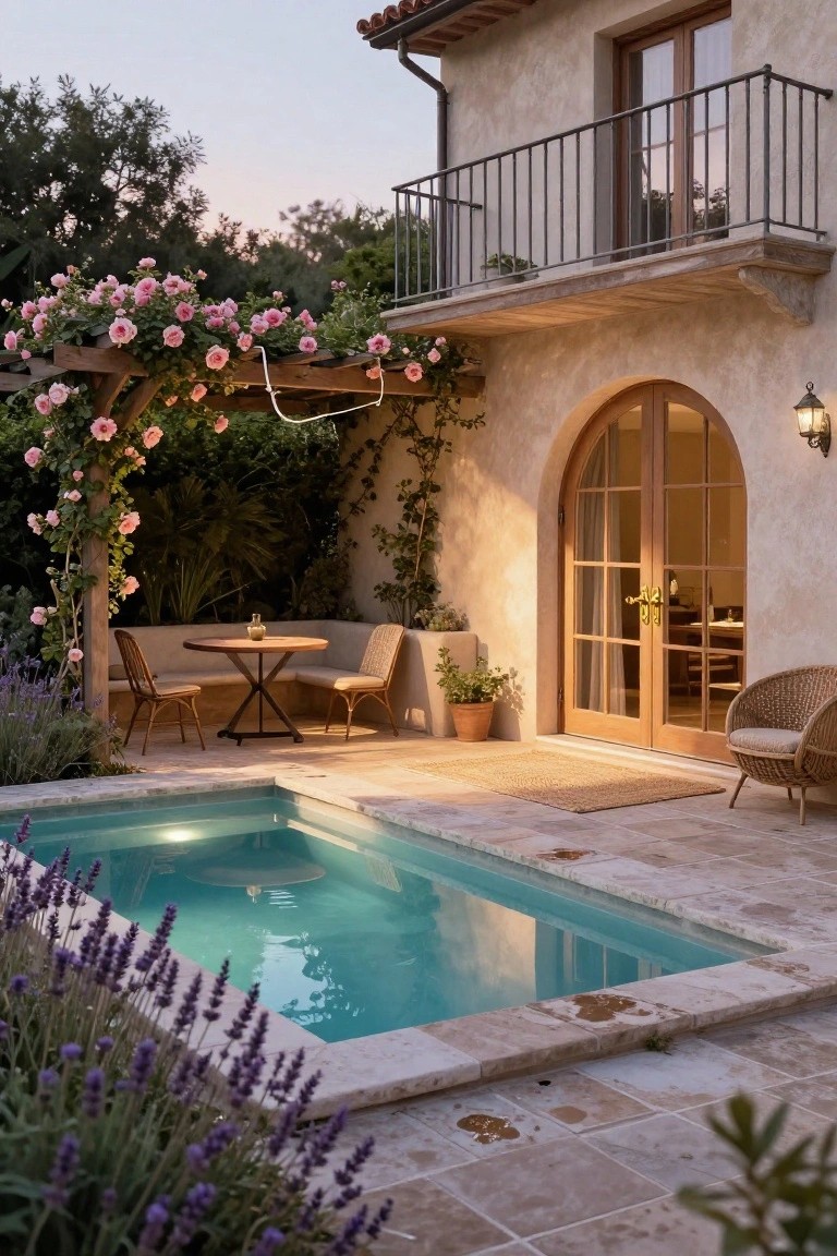Beige stucco house wall with arched wooden doors, a small turquoise rectangular plunge pool, round wooden table with chairs on a bench seat, lavender plants around the pool edge, and pink climbing roses on a wooden pergola.