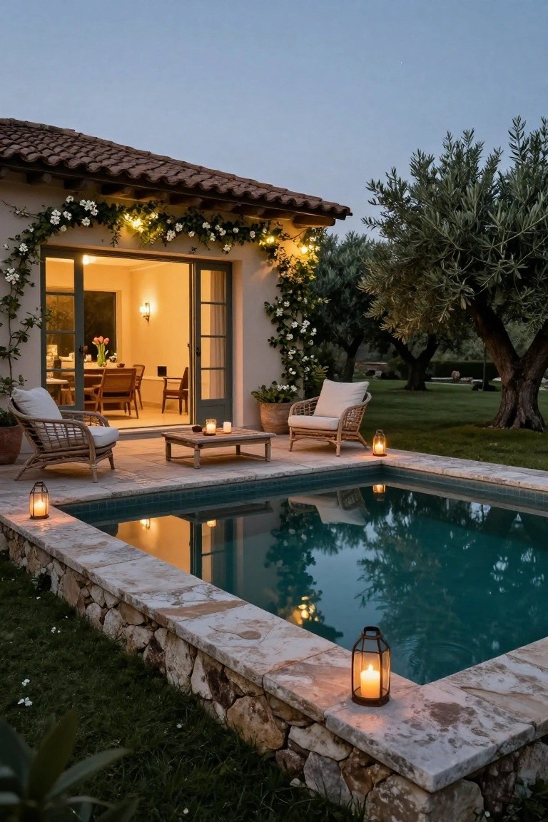 Evening photo of a small turquoise pool edged in stone next to a villa terrace with two rattan lounge chairs, a wooden side table, candles and lanterns, olive trees, climbing vines on beige walls, and open glass doors revealing an indoor dining area.