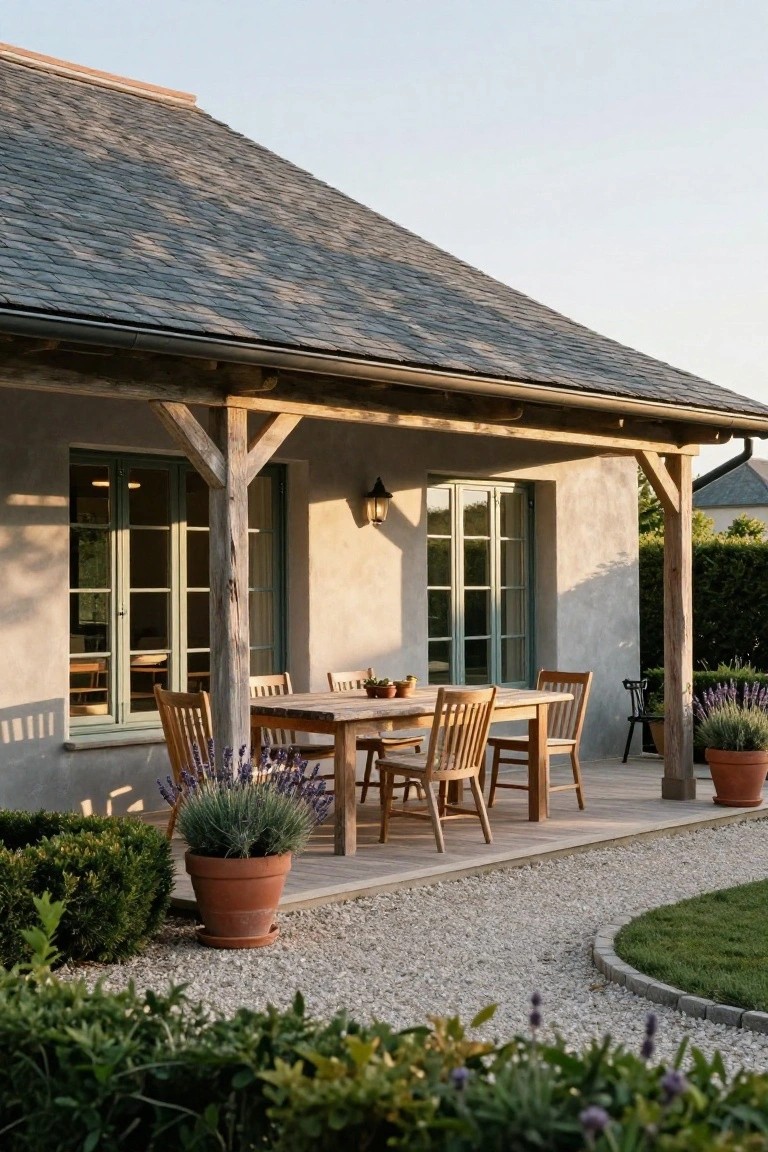 Side view of a stucco house with slate roof and wooden porch, showing a rustic wooden dining table with chairs, potted lavender plants, boxwood shrubs, and gravel path.