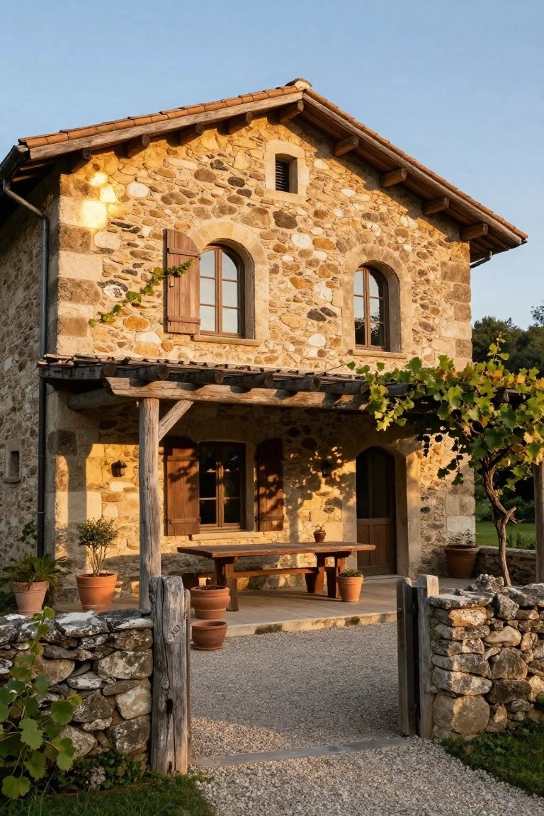 Two-story house with beige stone walls, terracotta tile roof, wooden shutters on arched windows, wooden pergola-covered porch with dining table and chairs, potted plants, grapevines, and stone walls around a gravel pathway.