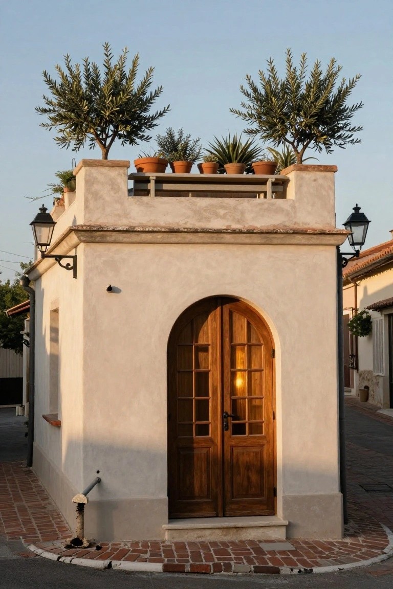 Small white stucco building with double arched wooden entry doors, wall lanterns, rooftop planters holding olive trees and agave, on a brick-paved street edged with greenery.