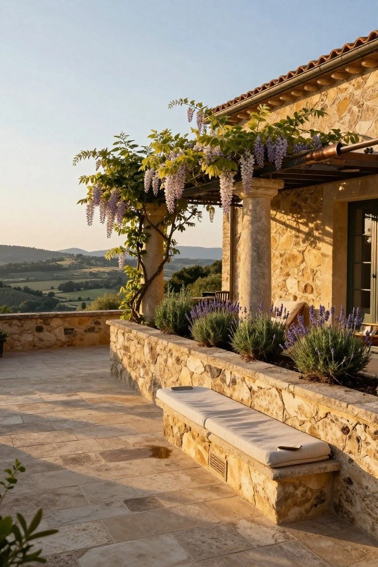 Stone terrace outside a French villa featuring a cushioned bench built into the low wall, lavender plants in front, purple wisteria hanging from a pergola overhead, and hills in the background at sunset.