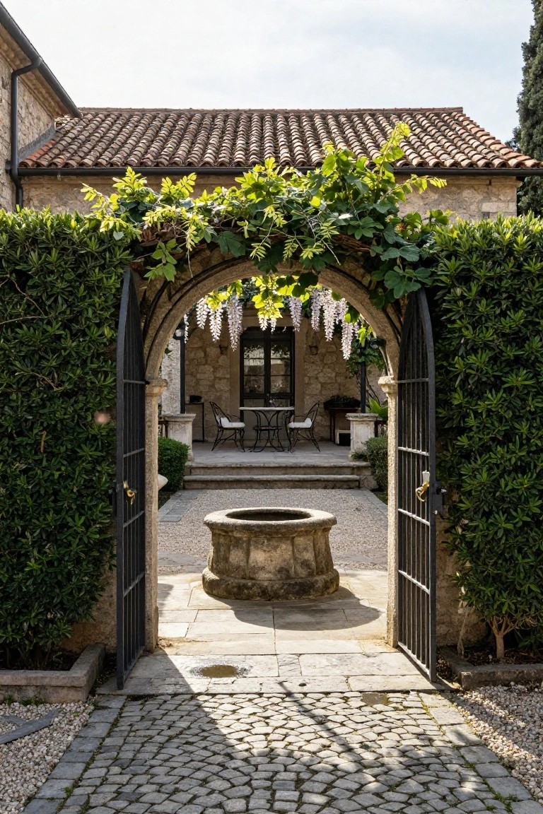 Stone courtyard with open gates, central well, and vine-covered archway.