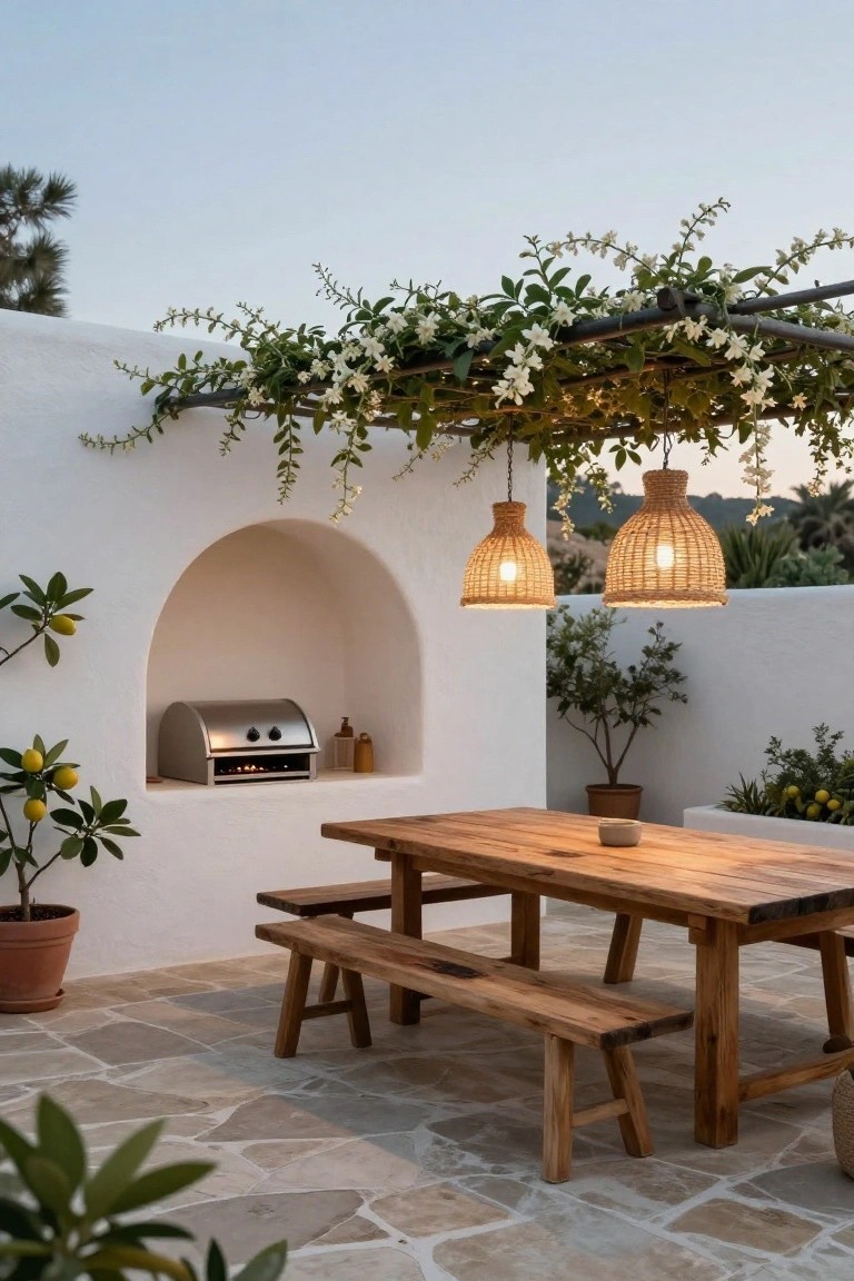 White stucco outdoor patio featuring a built-in silver grill in an arched wall niche, rustic wooden table and benches, hanging woven lanterns, vine-draped metal pergola, potted lemon trees, and irregular stone flooring at dusk.
