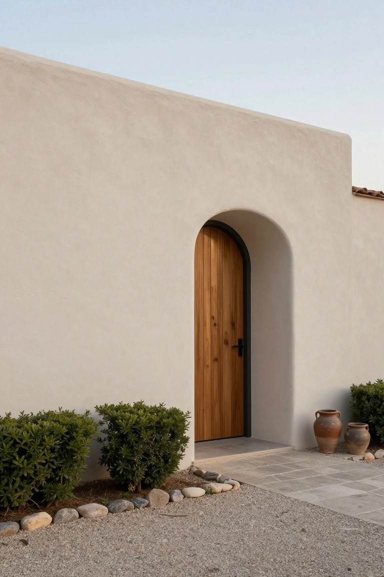 Beige stucco exterior wall with a tall arched wooden door featuring vertical planks and black frame, flanked by boxwood shrubs, terracotta pots, pebbles, rocks, and gravel with stone pavers.