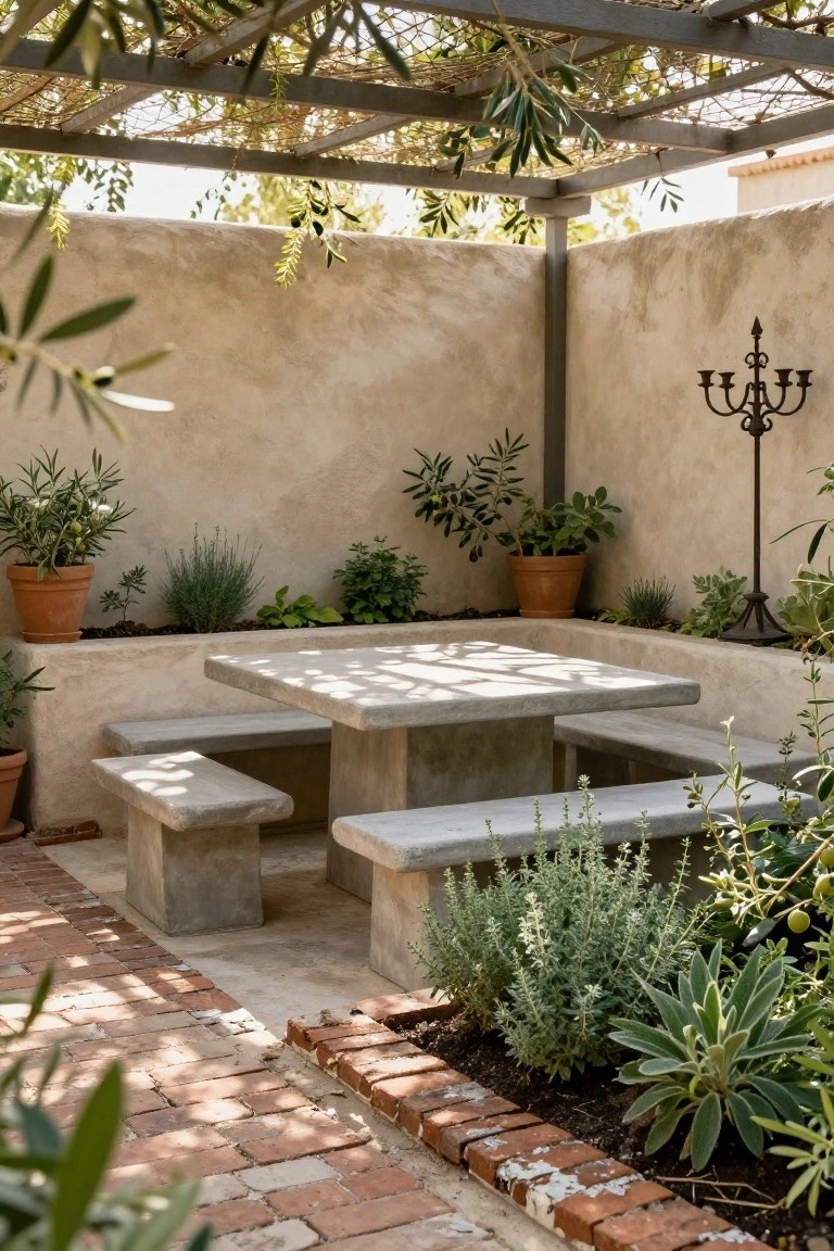 Square concrete table with attached low concrete benches in a corner of a beige stucco-walled outdoor patio under an olive vine-covered pergola, surrounded by terracotta potted plants and a metal candelabra stand.