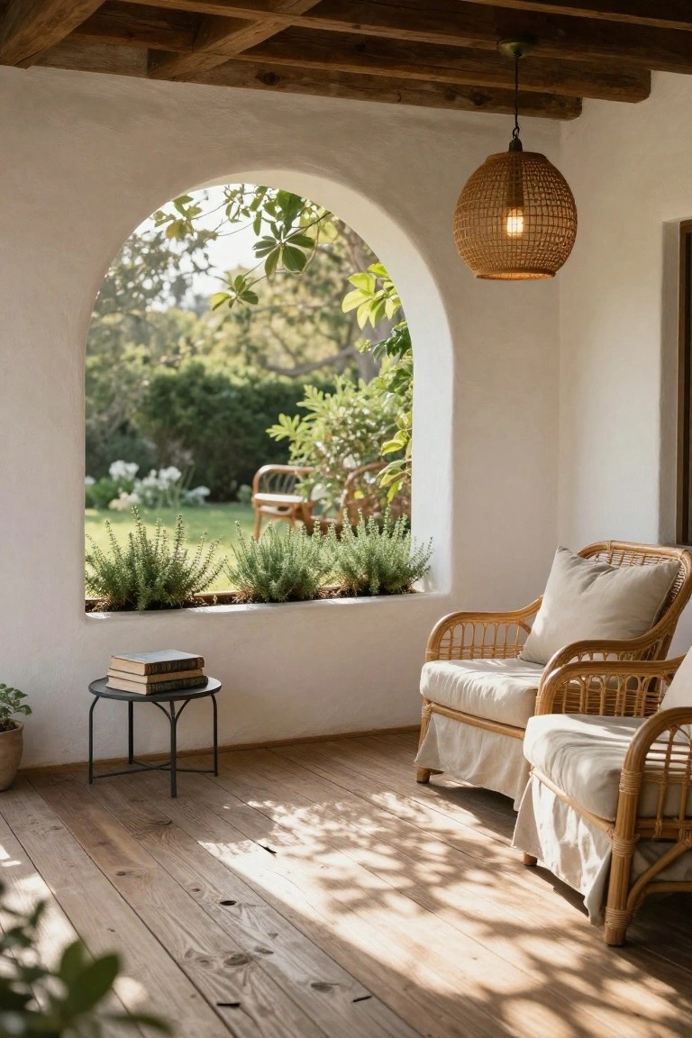 White-walled interior with exposed wood beam ceiling and wood floor, showing two rattan armchairs with white cushions and skirts, a black metal side table with stacked books, herb plants in a window box on an arched window sill overlooking a garden, and a hanging braided lantern.
