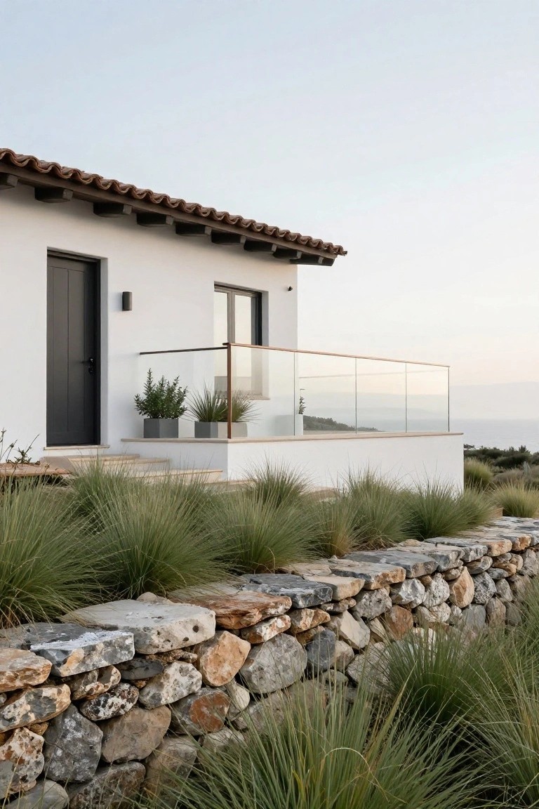 White stucco house with terracotta tile roof, black door, glass balcony railing, potted plants on balcony, native grasses, and dry-stacked stone retaining wall at base overlooking sea at dusk.