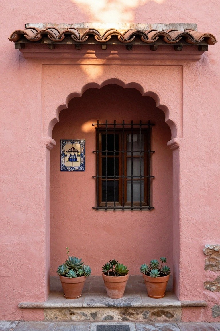 Pink stucco house exterior with an arched doorway niche containing a barred wooden window, blue ceramic tile plaque, tiled roof overhang, and three potted succulents on a stone step.