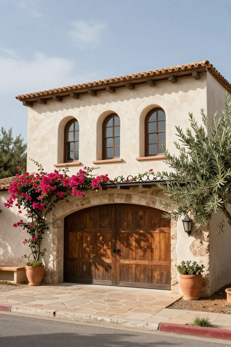 Beige stucco Spanish-style house exterior featuring a large wooden arched garage door draped in pink bougainvillea vines, three arched windows above, terracotta tile roof, olive tree to the side, potted plants, and a lantern light.