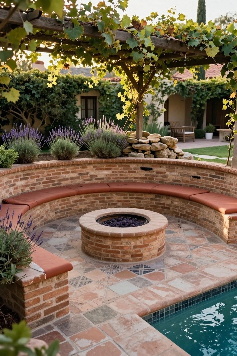 Curved red brick bench with cushions encircling a circular brick gas fire pit on a patterned tile patio adjacent to a swimming pool, surrounded by lavender plants, rocks, and a vine-covered wooden pergola.