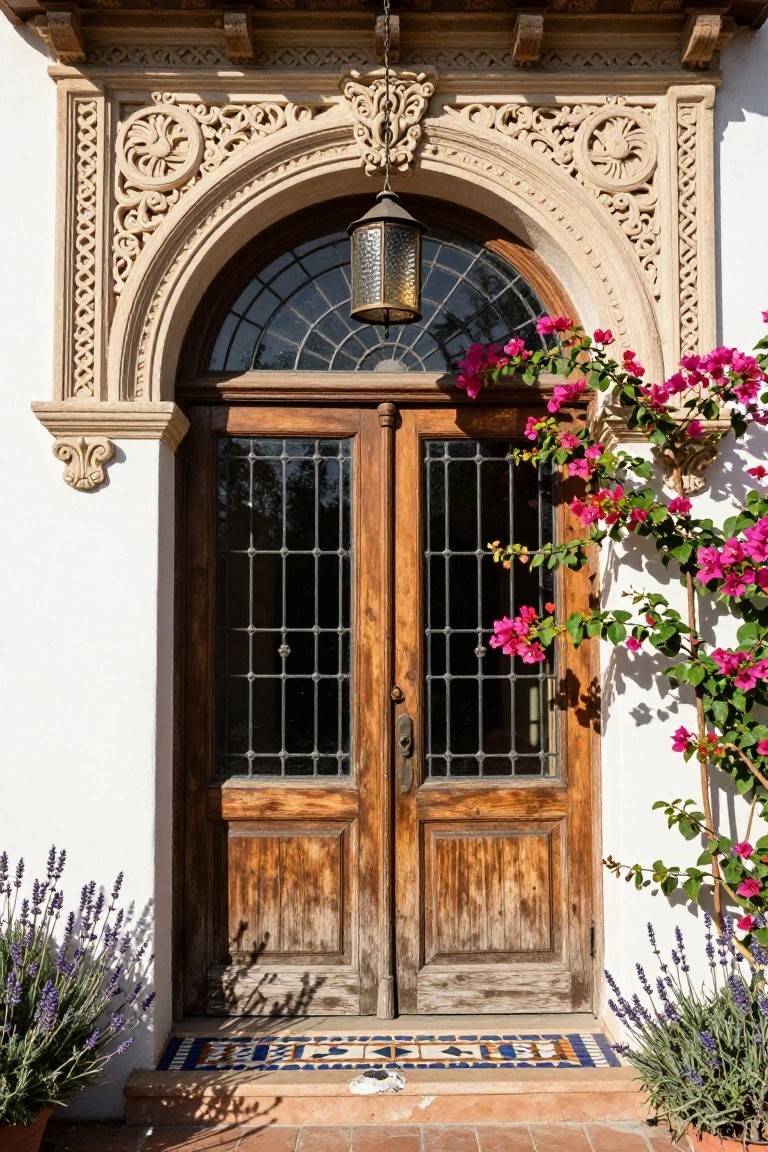 Ornate beige carved stone archway over wooden double doors with glass panels and metal grilles on a white stucco wall, pink bougainvillea vines climbing one side, lavender plants in pots, and a colorful tiled entry step.
