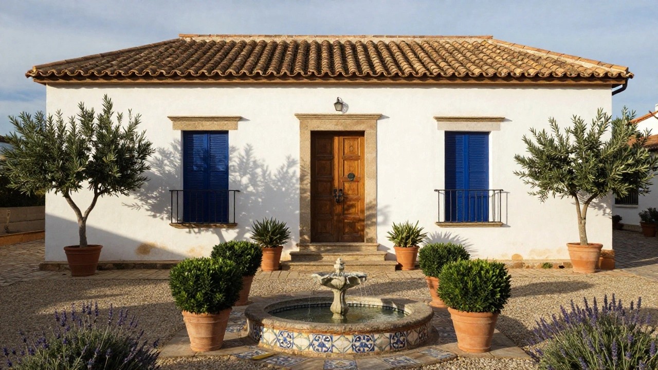 White stucco Spanish villa facade with terracotta tile roof, blue shutters on windows, arched wooden entry door up tiled stairs, central stone fountain in gravel courtyard ringed by potted plants, and olive trees on sides.