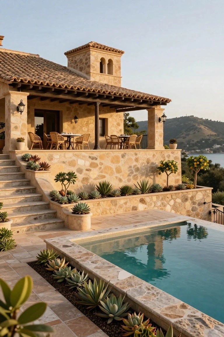 Beige rounded stone walls and terracotta tile roof on a multi-level Spanish villa exterior, with an outdoor dining terrace, stone stairs planted with succulents leading to a rectangular infinity pool, and sea view in the background.