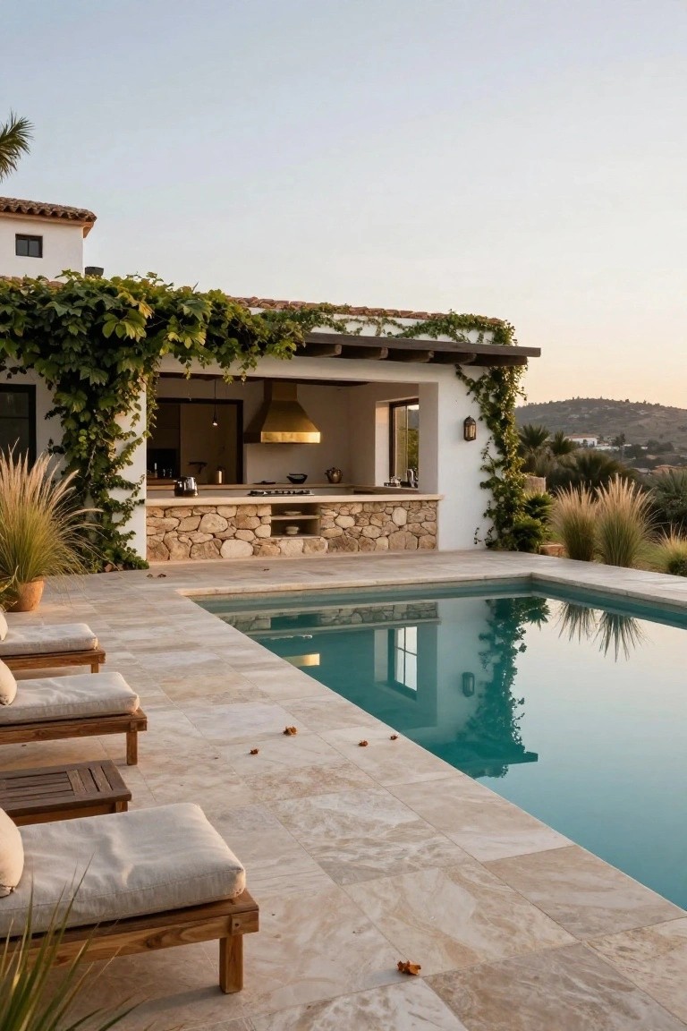 White stucco villa with vine-covered pergola over an outdoor stone kitchen bar, turquoise pool, wooden loungers on beige tiled deck, potted grasses, and hillside view at dusk