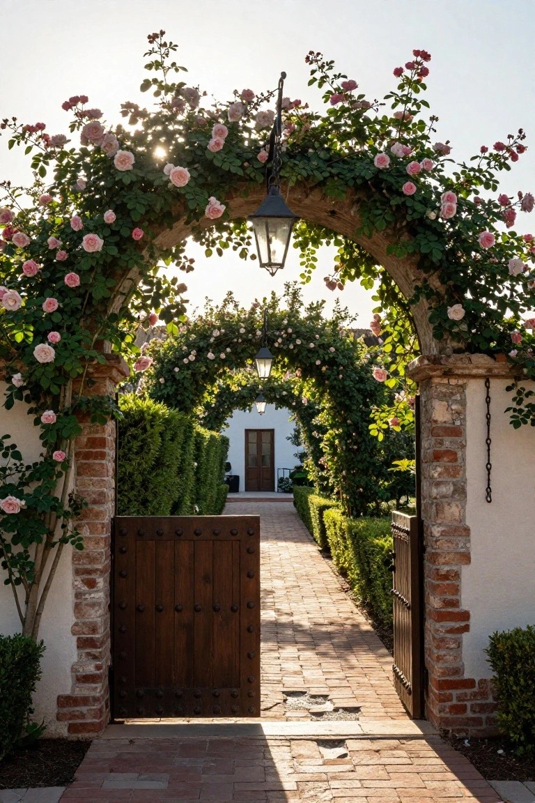 Rustic brick archway entrance covered in pink climbing roses with an open wooden gate, flanked by hedges and lanterns, leading along a brick path to a white stucco house.