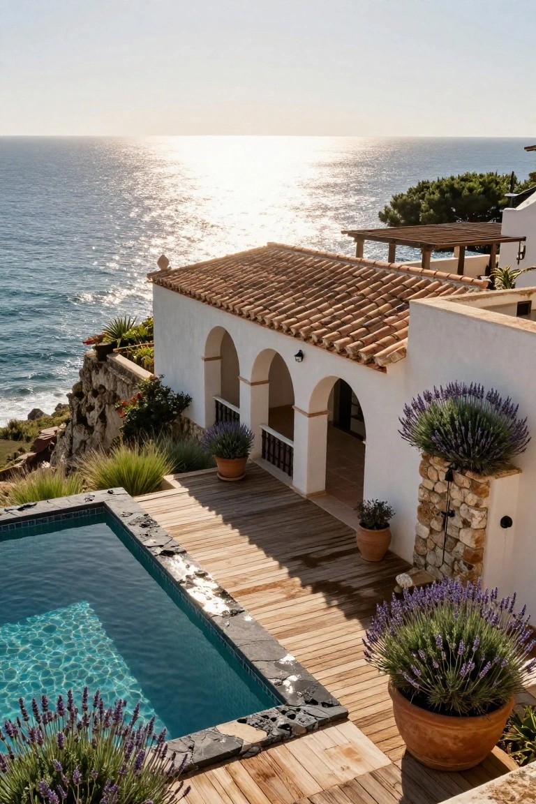 Aerial photo of a white stucco Spanish villa with terracotta tile roof and arched openings, adjacent to a rectangular turquoise pool on a light wooden deck edged in dark stone, with lavender plants in terracotta pots and ocean view beyond a cliff.