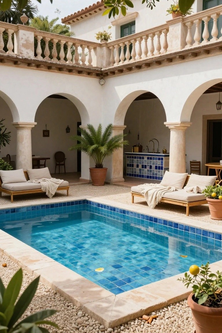 White stucco courtyard featuring arched colonnades and columns around a small rectangular blue mosaic-tiled plunge pool, with two wooden daybeds covered in beige cushions and throws positioned along the pool edge, potted plants, and a blue-tiled outdoor bar area.