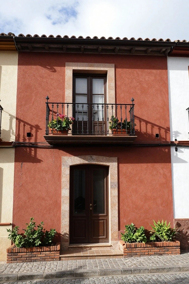 Two-story house exterior with cream stucco on one side and terracotta red stucco on the other, featuring a wrought-iron balcony with flower pots, arched wooden entry door, brick planters with greenery, terracotta tile roof, and cobblestone path.