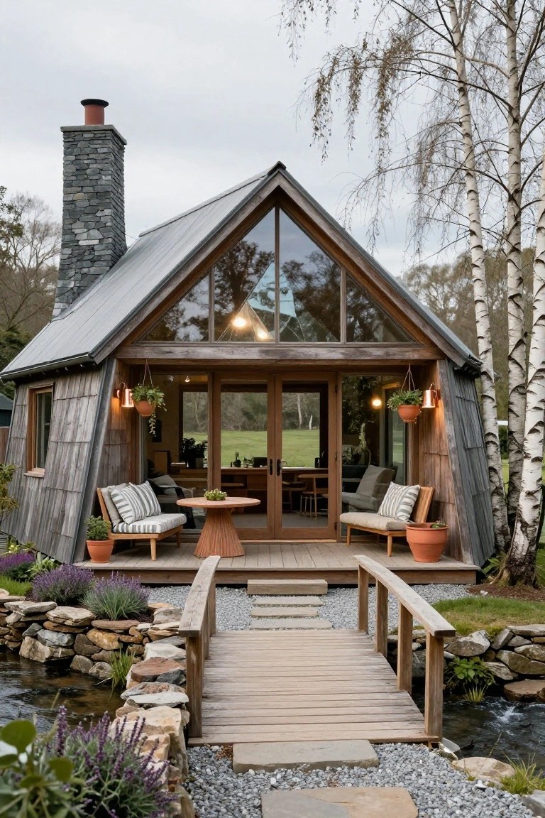 Small A-frame cabin with gray metal roof, wood shingle siding, stone chimney, large triangular glass window and double doors opening to a wooden deck with cushioned bench seating and round table, surrounded by birch trees, plants, rocks, and a wooden bridge over a pond.
