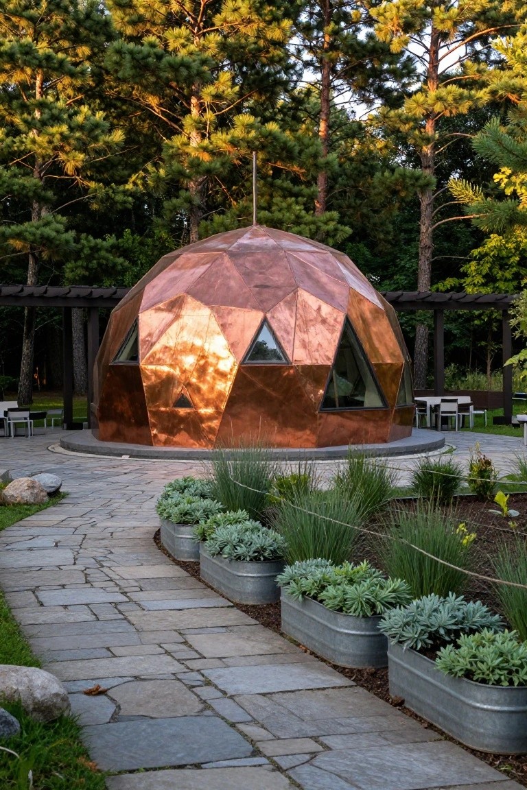 Copper-colored geodesic dome home with triangular windows and panels, set on a circular stone base amid pine trees, with a wooden pergola, stone pathway, galvanized metal planters filled with grasses and succulents, and outdoor chairs and tables nearby.