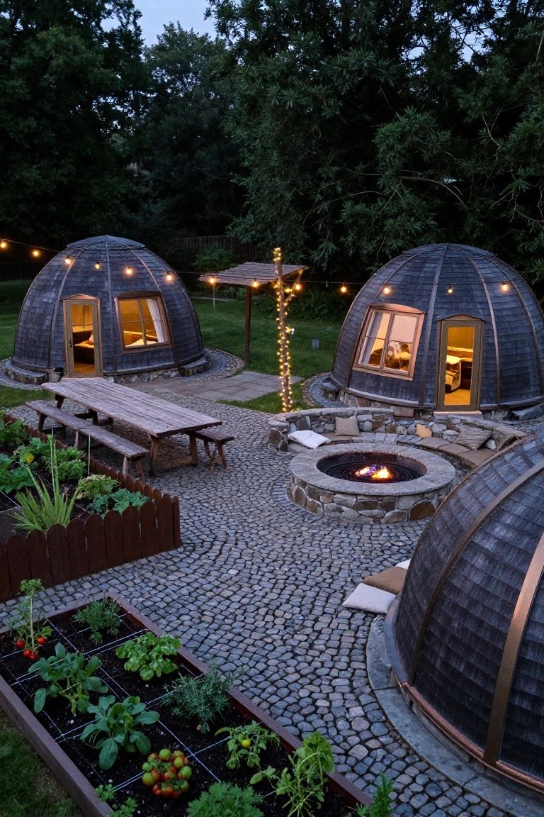 Three dark shingled geodesic dome homes surround a pebble-paved courtyard with a central circular stone fire pit, wooden picnic table and benches, raised vegetable garden beds, cushions, and string lights at dusk.