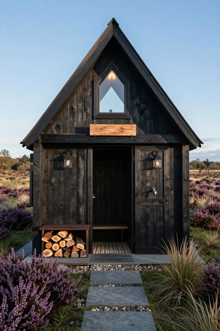Small black wooden A-frame cabin with open entry door, lanterns on each side, wood storage bench, stone path, and purple heather plants in foreground.